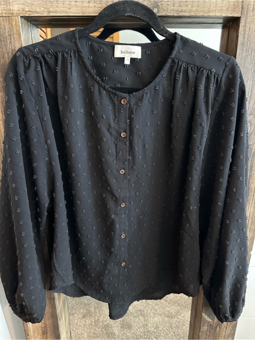 Böhme Black Swiss Dot Blouse Medium Long Sleeve Button Front Boho Peasant Top